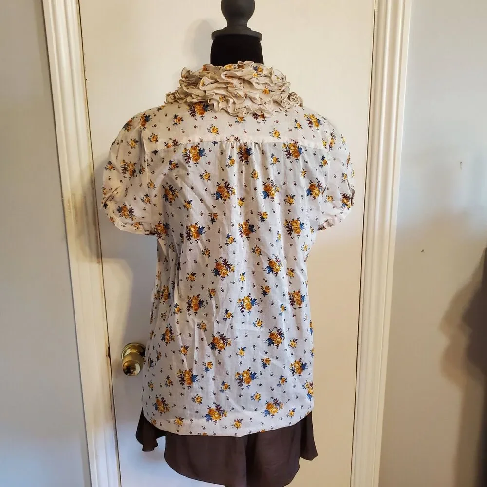 Zara Cottage Floral Button Up Top Puff Sleeve Ruffle Neck Size M Y2K Country